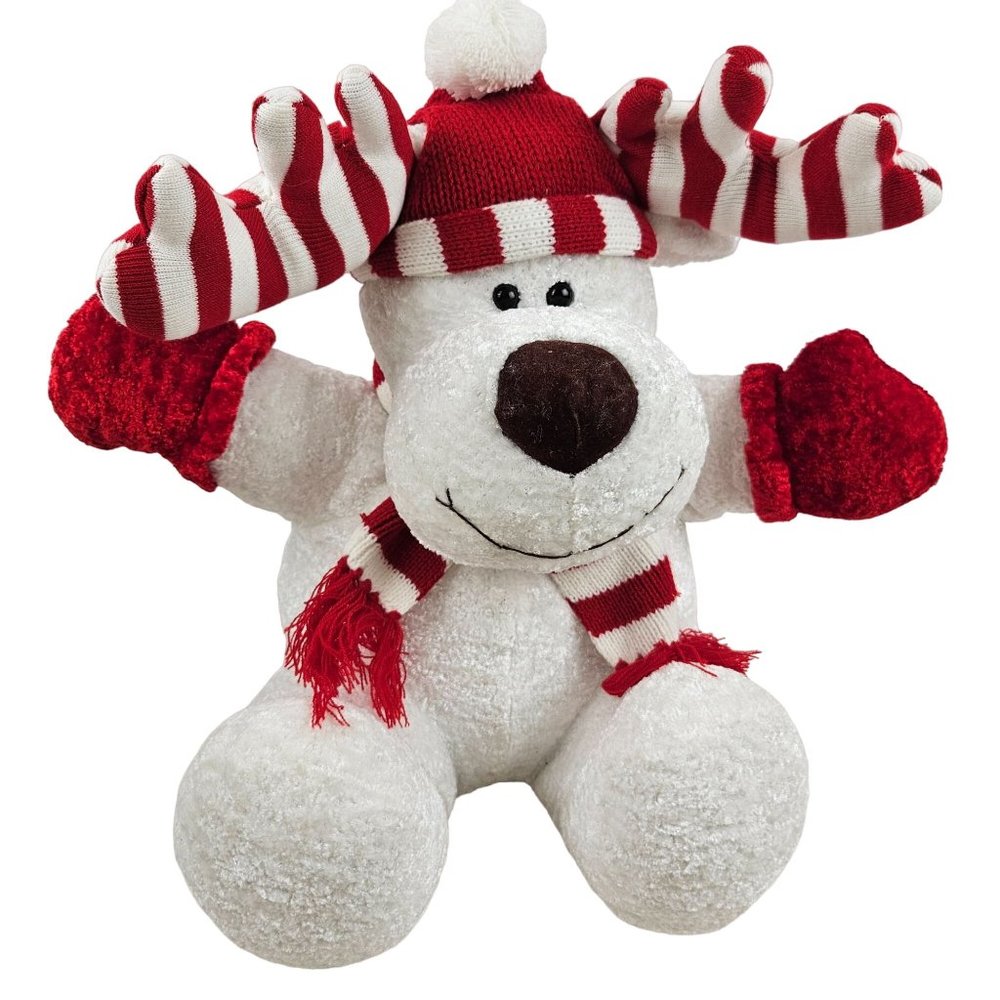 Fiesta Holiday Moose White Chenille Crochet Hat Scarf Mitts Stuffed Animal Plush